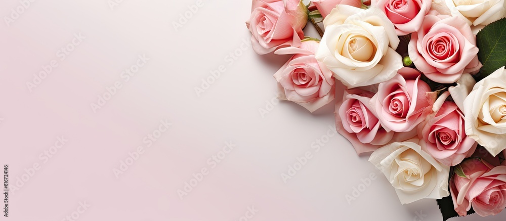 Aufkleber top view of a light background with a bouquet of pink and white roses representing occasions like mo