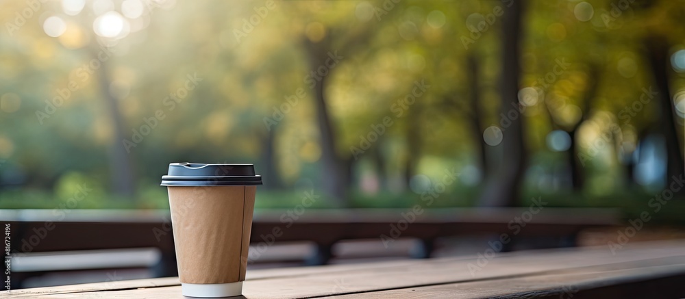 Poster a takeaway coffee sits on a wooden bench outside with a paper cup capturing the essence of the scene