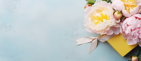 Shabby blue background with a yellow gift box peonies and a blank note Plenty of space for text. with copy space image. Place for adding text or design