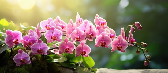 A stunning pink orchid bouquet blooms against a lush green garden backdrop leaving ample space for...