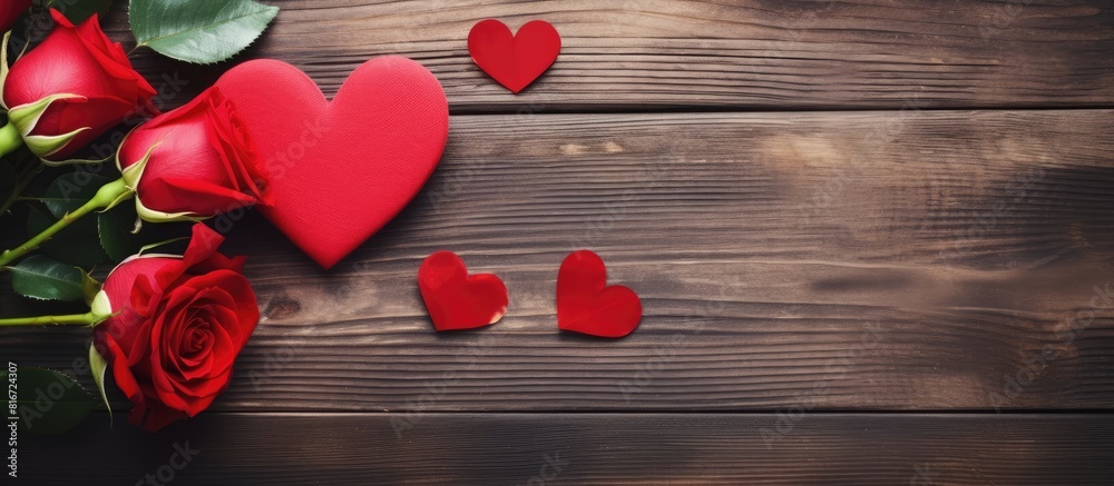 Poster Top view composition of a red rose and heart on a table specifically arranged for Valentine s Day The image emphasizes the holiday concept with a flat lay design and ample copy space