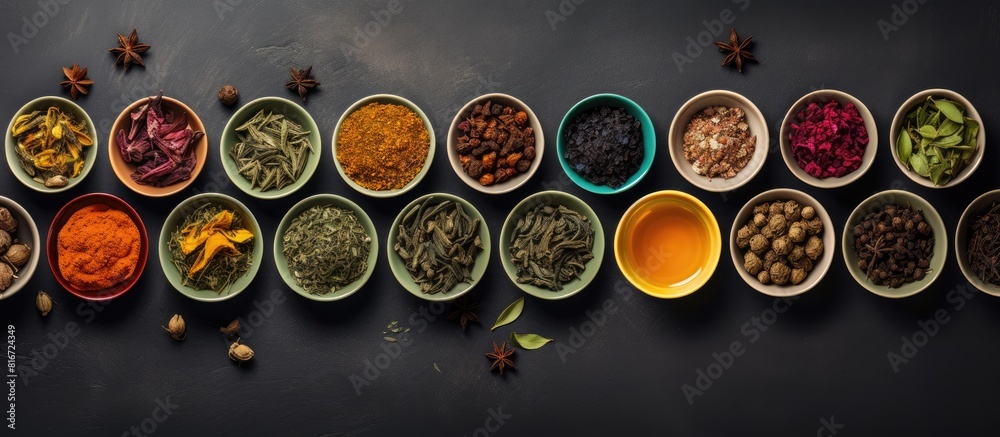 Poster Top view of a varied assortment of tea perfectly arranged to create a visually appealing copy space image