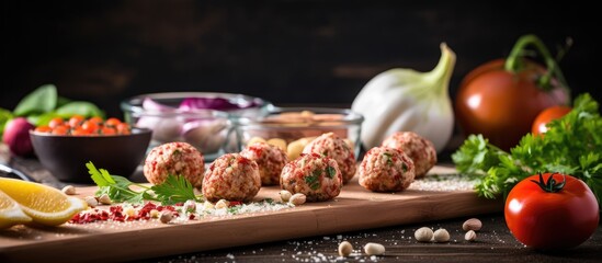 Copy space image of raw chicken meatballs and vegetables ready to be baked in the oven This is a proper and healthy food concept featuring healthy protein cutlets and minced cutlets All ingredients ar
