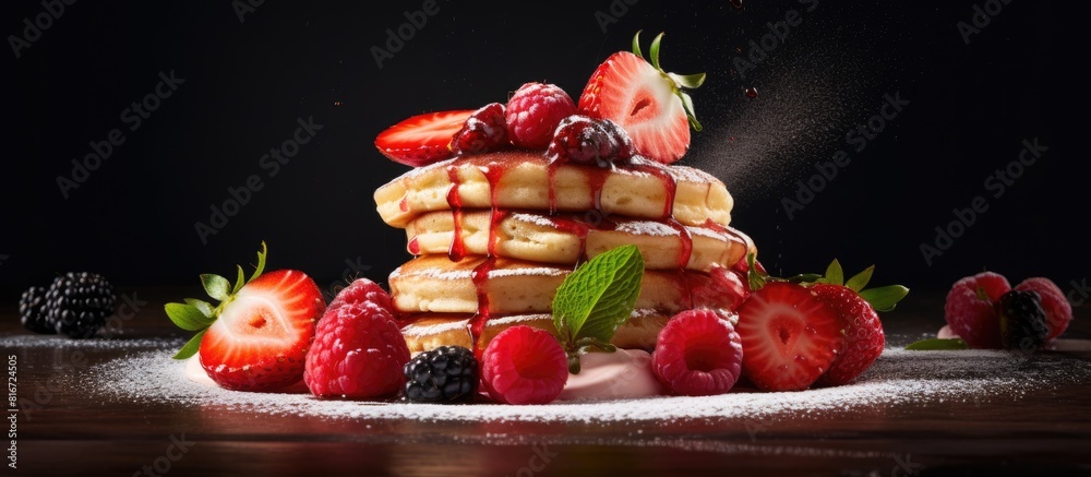 Poster A visually appealing dessert featuring pancakes and strawberries with ample space for customization and presentation