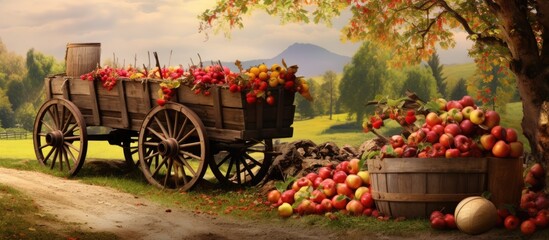 A wide panorama captures the essence of autumn at a countryside farm with apples hay a cart burlap and colorful autumn flowers The image leaves space for additional content