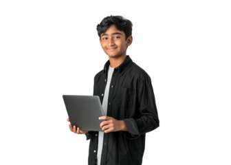 Young Indian Boy with Tablet on Transparent