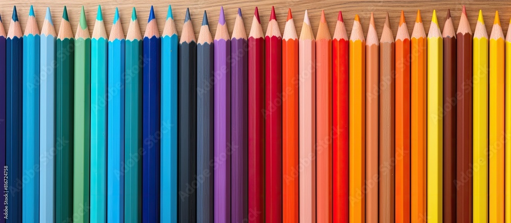 Aufkleber A vibrant copy space image displaying a wooden wall adorned with an array of colorful pencils