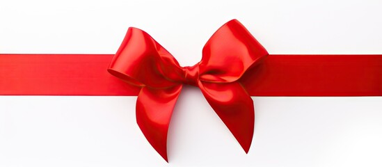 A red satin gift bow with a single ribbon stands alone on a white background creating a copy space image