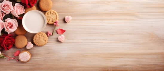 A top down view of a natural wooden background featuring a pale cream rose colorful ginger cookies...