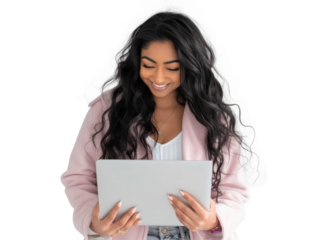 South Asian Woman Using Laptop with Joy