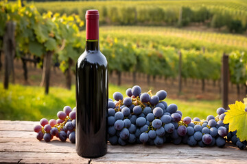 Blank wine bottle and grapes with vineyard background