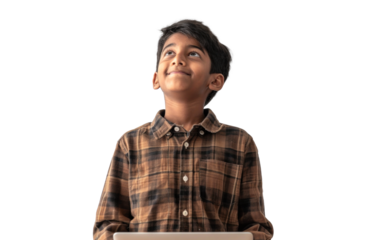 Young Indian Boy with Laptop Looking Upward
