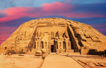 Abu Simbel the Great Temple of Ramesses II main entrance view, Egypt