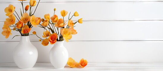 A copy space image of spring flowers arranged in a white vase resting on a white wooden background - Powered by Adobe