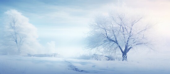 A stunning winter scenery features a background of hoarfrosted trees creating a natural and beautiful copy space image