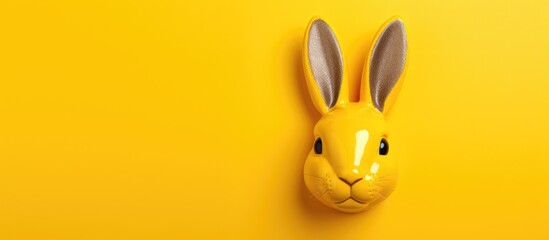 A toy rabbit with its ears serving as a head is portrayed in a top down view on a yellow background creating a concept related to the Easter bunny Copy space is available