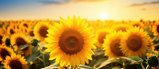 Fototapeta premium A vibrant sunflower field with plenty of copy space in the background showcasing its full bloom