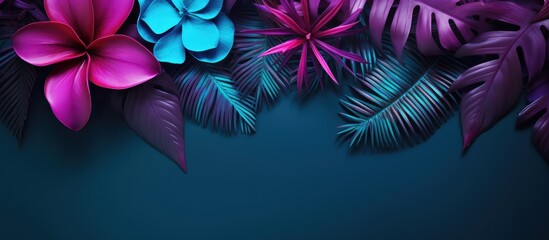 A vibrant floral neon background in shades of blue and purple accompanied by an arrangement of tropical paper leaves offers ample copy space for your text