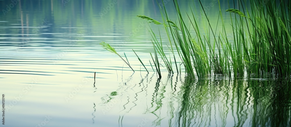 Aufkleber A scenic lake with lush green reeds is reflected in a mirror like surface Gently raindrops cascade into the water creating a tranquil ambiance Perfect for design purposes this captivating image is id