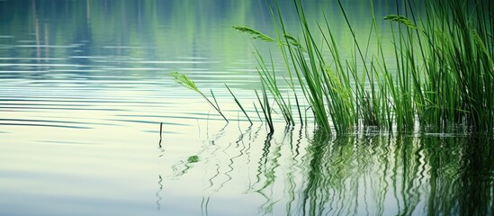 A scenic lake with lush green reeds is reflected in a mirror like surface Gently raindrops cascade into the water creating a tranquil ambiance Perfect for design purposes this captivating image is id