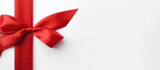 A shiny red silk ribbon on a white background creating a festive atmosphere The image is taken from a top down perspective It is a copy space image