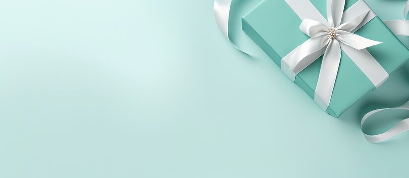 Copy space image of a top view flat lay featuring a white gift box adorned with a tiffany satin ribbon against a serene mint blue backdrop