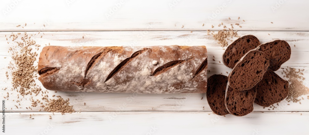 Poster copy space image of a top view brown loaf of whole grain bread and baguette made from whole grain fl