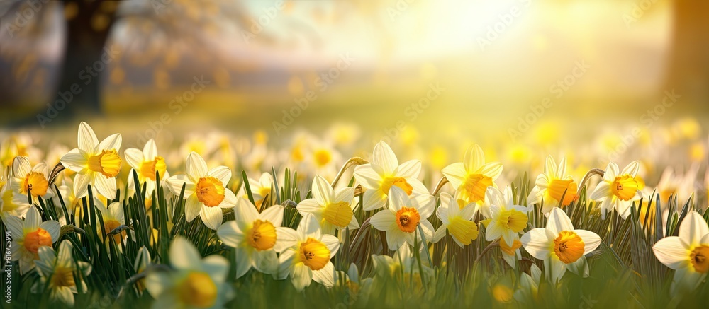 Aufkleber In springtime a picturesque meadow is adorned with vibrant daffodil flowers creating a captivating copy space image