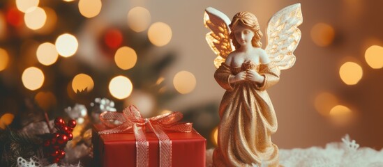 Naklejka premium A vintage Angel figurine holding a Christmas star and gift box is showcased against a backdrop of vibrant garland lights serving as a beautiful New Year and Christmas card Additionally it can also be