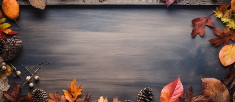 Top view of a vintage background with a frame created from dried autumn leaves This autumn composition offers a copy space image for creativity