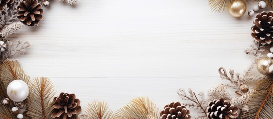 Top view copy space image of festive Christmas wreath made of pine cones and other materials on a...