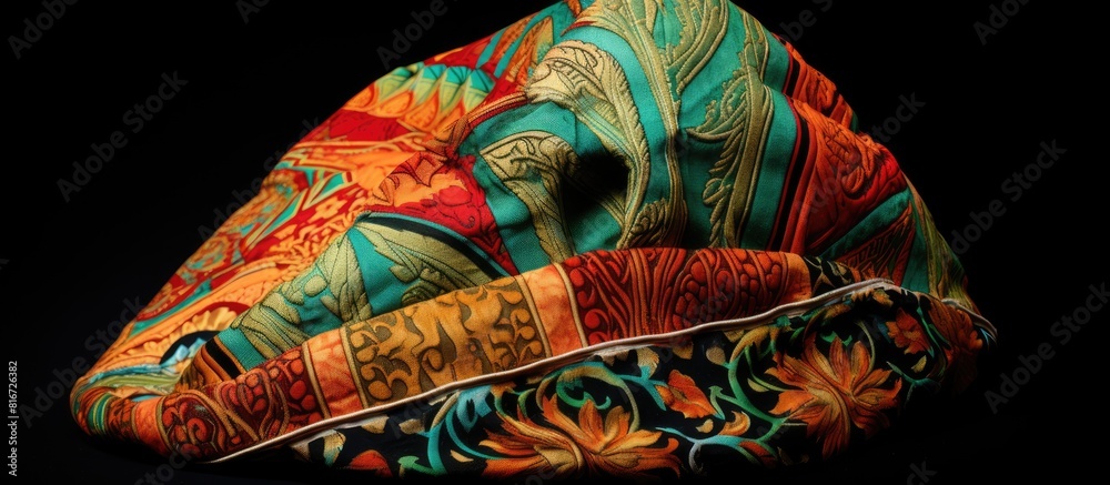 Poster A vibrant Blangkon a batik fabric headpiece traditionally worn by men in Java adding a touch of color and culture to their ensemble. with copy space image. Place for adding text or design