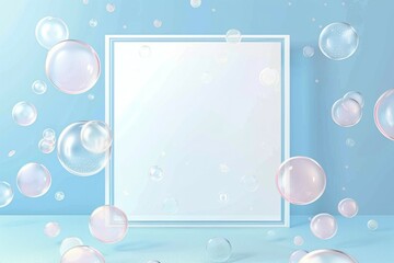 White blank square glass frame on blue background with bubbles