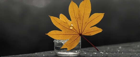 Obraz premium Rainy golden autumn. Beautiful yellow leaves under raindrops.