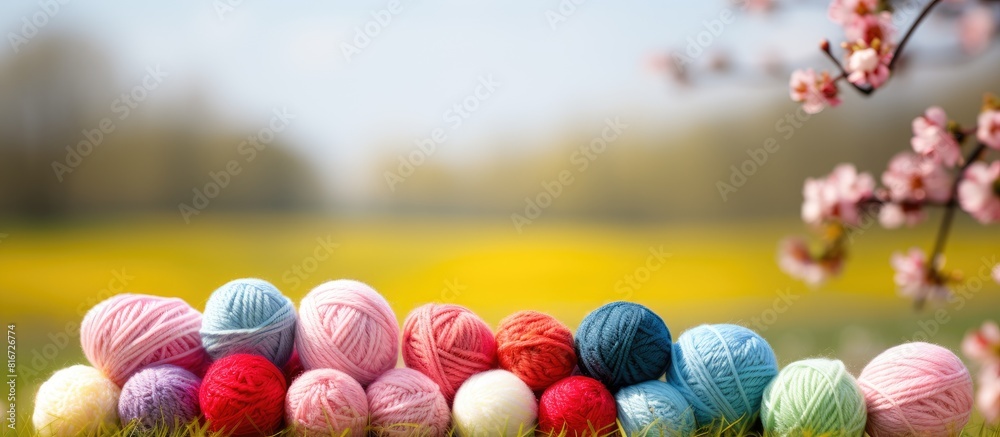 Aufkleber Image of a springtime scene featuring knitting materials including needles and colorful balls of wool. with copy space image. Place for adding text or design