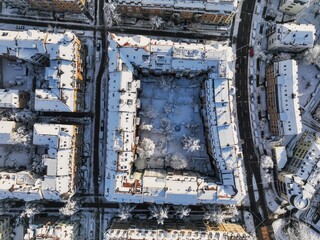 Aerial view of the city of Zurich after heavy snowfall in early December 2023