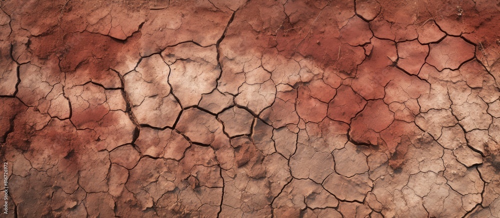 Poster Top view of a dry polluted soil with a reddish hue and a stony composition offering ample copy space for images