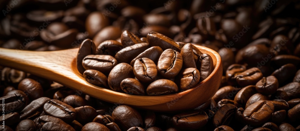 Poster image of roasted coffee beans with a wooden spoon in the background. with copy space image. place fo
