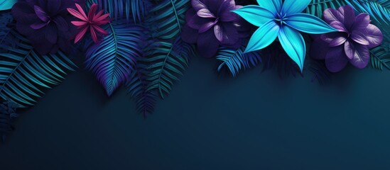 A vibrant floral neon background in shades of blue and purple accompanied by an arrangement of tropical paper leaves offers ample copy space for your text