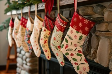 Colorful christmas stockings adorned with seasonal patterns hang from a cozy fireplace mantel