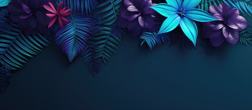 A vibrant floral neon background in shades of blue and purple accompanied by an arrangement of tropical paper leaves offers ample copy space for your text