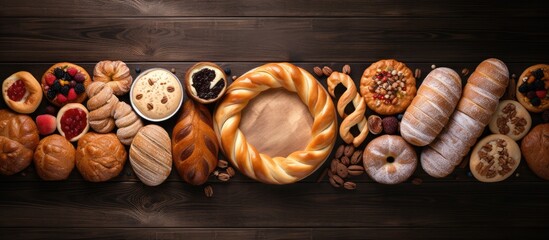 A variety of baked goods including bread biscuits rolls and cookies are arranged in a circular pattern This top down view offers a copy space image with a dark wooden background creating a perfect se