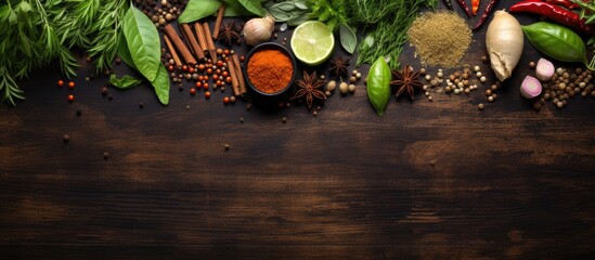 A view from above showcases fresh and aromatic herbs and spices arranged on a wooden table leaving ample room for additional content in the image - Powered by Adobe