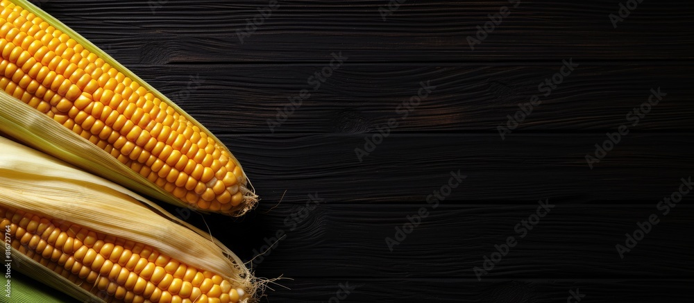 Poster top view of ripe corn and grain on a black background providing a space for a copy space image