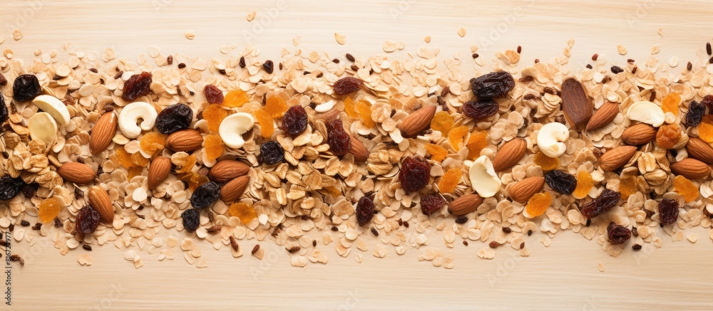 Aufkleber a top down view of homemade granola cereal consisting of oats nuts and dried fruits with a textured 