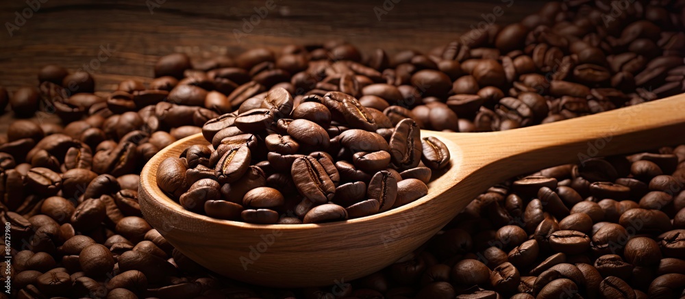 Poster image of roasted coffee beans with a wooden spoon in the background. with copy space image. place fo