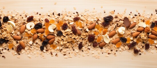 A top down view of homemade granola cereal consisting of oats nuts and dried fruits with a textured oatmeal granola or muesli background There is ample space available for text