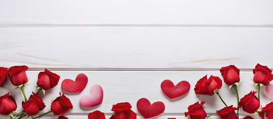A copy space image with roses and red hearts arranged on a white wooden background
