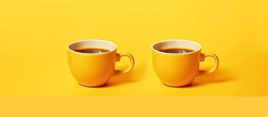 Two yellow coffee cups with a GOOD MORNING message sit on a gradient yellow background The arrangement is displayed in a flat lay style providing ample copy space This image showcases the transition f