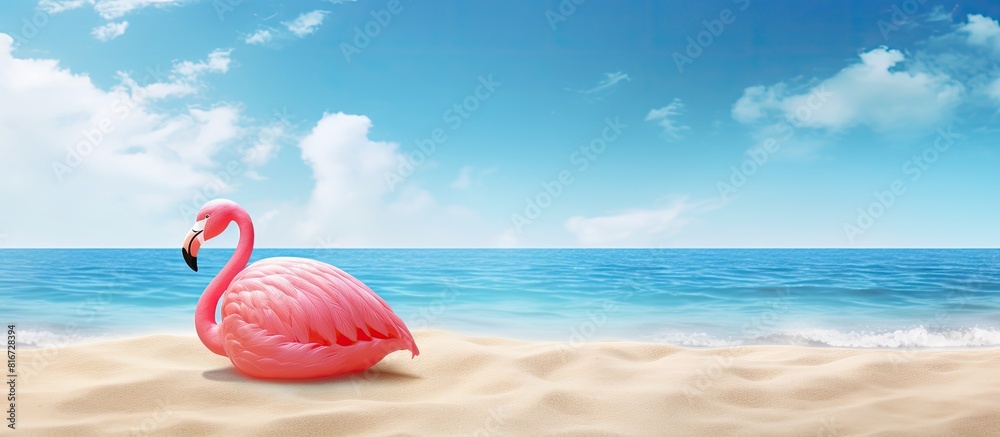 Aufkleber A trendy summer concept featuring an inflatable flamingo on a sandy beach background The composition is arranged flat and there is ample copy space for text or graphics